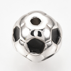 Brass Enamel Beads, FootBall/Soccer Ball, Black, Platinum, 8mm, Hole: 1.5mm(KK-Q738-8mm-02P)