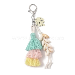 Handmade Macrame Nylon Thread Pendant Decorations, Wood & Shell Beads and Alloy Clasps Charms for Bag or Keychain Ornaments, Pale Turquoise, 160mm(HJEW-P019-11P-01)