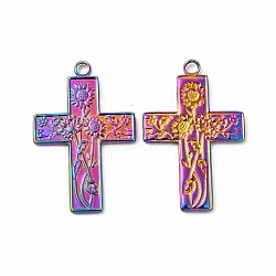Ion Plating(IP) 304 Stainless Steel Pendants, Cross with Sunflower Charm, Rainbow Color, 35x23x1.8mm, Hole: 2.5mm(STAS-F290-14MC)