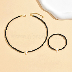 Glass Beaded Jewelry Set, Natural Shell Cross Pendant Necklace & Link Bracelet, Black, 16-1/8 inch(41cm); Inner Diameter: 2-3/8~3-1/8 inch(6~8cm)(IT9219)