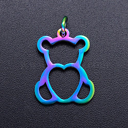 Ion Plating(IP) 201 Stainless Steel Pendants, with Jump Rings, Bear with Heart, Rainbow Color, 18.5x14x1mm, Jump Ring: 5x0.8mm, Inner Diameter: 3mm(STAS-S105-JN163)