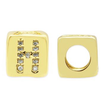 Brass Micro Pave Clear Cubic Zirconia European Beads, Cube with Letter, Letter.H, 8.5x8.5x8.5mm, Hole: 5mm, 3pcs/bag