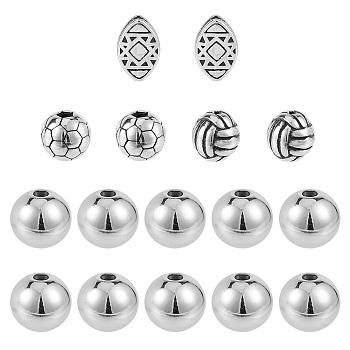 16Pcs 4 Style 201 & 304 Stainless Steel Beads, Volleyball/FootBall/Oval/Round, Antique Silver & Stainless Steel Color, 8~12.5mm, Hole: 1.2~3mm