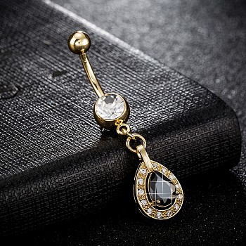 Piercing Jewelry, Brass Cubic Zirconia Navel Ring, Belly Rings, with 304 Stainless Steel Bar, Cadmium Free & Lead Free, teardrop, Real 18K Gold Plated, Black, 47x10mm, Bar: 15 Gauge(1.5mm), Bar Length: 3/8"(10mm)