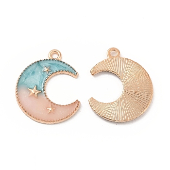 Alloy Pendants, with 2 Tone Enamel, Crescent Moon with Star Charm, Golden, Light Sea Green, 23x18.5x1.5mm, Hole: 1.6mm