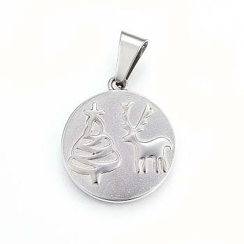 304 Stainless Steel Pendants, Flat Round with Christmas Tree and Christmas Reindeer/Stag, Stainless Steel Color, 28x25x3mm, Hole: 10x5mm
