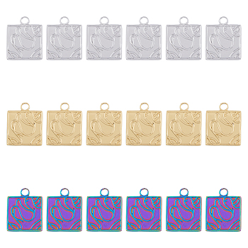 DICOSMETIC 18Pcs 3 Colors 201 Stainless Steel Pendants, Square, Mixed Color, 19x15x1.5mm, Hole: 2.5mm, 6pcs/color