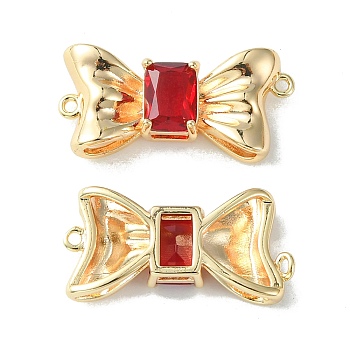 Brass Pave Cubic Zirconia Connector Charms, Real 18K Gold Plated, Bowknot Links, Red, 11x23x4.5mm, Hole: 1mm