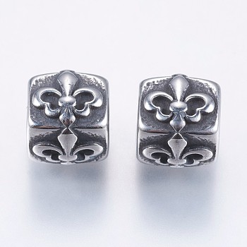 304 Stainless Steel Beads, Cube with Fleur De Lis, Antique Silver, 7.5x7x7.5mm, Hole: 3.5mm