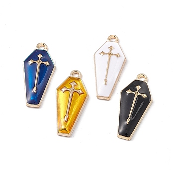 Alloy Enamel Pendants, Coffin with Cross Charm, Golden, Mixed Color, 26x11.5x3mm, Hole: 1.8mm