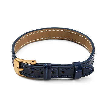 Leather Textured Watch Bands, with Ion Plating(IP) Golden 304 Stainless Steel Buckles, Adjustable Bracelet Watch Bands, Midnight Blue, 23.2x1~1.25x0.5cm