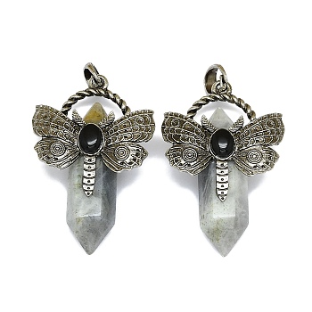 Natural Labradorite Faceted Pointed Bullet Big Pendants, Rack Plating Antique Silver Plated Alloy Butterfly Charms, Cadmium Free & Lead Free, 54x33.5x18.5~19mm, Hole: 6.5x7.5mm
