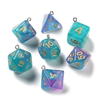 7Pcs 7 Styles Transparent Resin Polyhedral Dice Pendants Set, Gradient Clor Multi-Sided Dice Charms with Platinum Plated Iron Loops, Mixed Shapes, Light Sea Green, 20~28x19~24x17~24mm, Hole: 2mm, 1pc/style