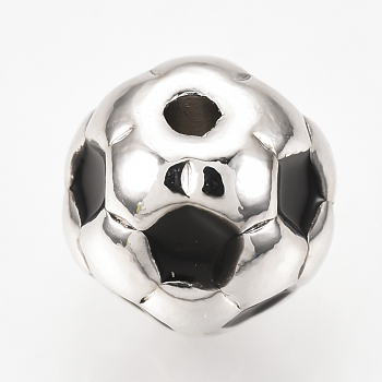 Brass Enamel Beads, FootBall/Soccer Ball, Black, Platinum, 8mm, Hole: 1.5mm