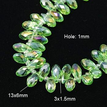Electroplate Glass Faceted Teardrop Beads Strands, Top Drilled Beads, AB Color Plated, Lime Green, 11.5~13x6mm, Hole: 1mm, about 100pcs/strand, 16.5 inch