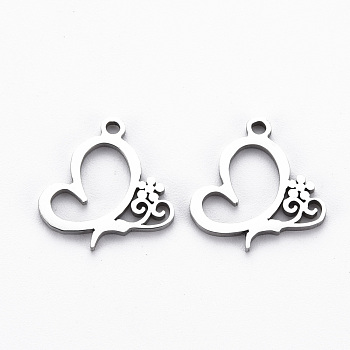 201 Stainless Steel Charms, Cut, Heart with Flower, Stainless Steel Color, 14x13x1mm, Hole: 1.2mm
