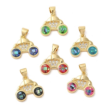 Car Brass Micro Pave Cubic Zirconia Pendants, with Enamel & Shell, Long-Lasting Plated, Lead Free & Cadmium Free, Real 18K Gold Plated, Mixed Color, 14x16x3mm, Hole: 4x5mm