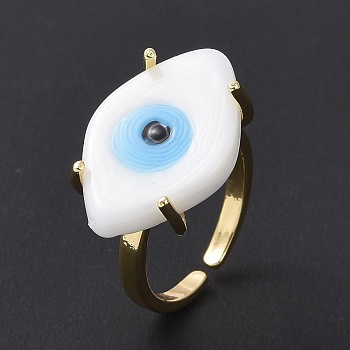 Lampwork Oval with Evil Eye Open Cuff Ring, Real 18K Gold Plated Brass Lucky Jewelry for Women, Lead Free & Cadmium Free, White, US Size 6 1/4(16.7mm)