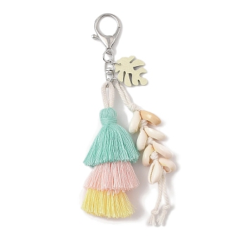 Handmade Macrame Nylon Thread Pendant Decorations, Wood & Shell Beads and Alloy Clasps Charms for Bag or Keychain Ornaments, Pale Turquoise, 160mm