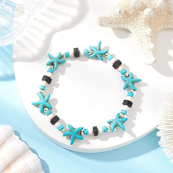 Synthetic Turquoise & Natural Lava Rock Beads Stretch Bracelets for Men Women, Starfish, Turquoise, Inner Diameter: 2-1/8 inch(5.5cm)