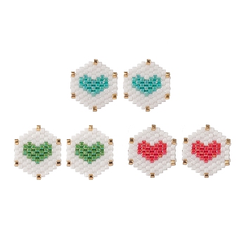 3 Pairs 3 Color Glass Seed Braided Hexagon with Heart Stud Earrings, Golden Brass Wire Wrap Jewelry for Women, Mixed Color, 17x15mm, Pin: 0.7mm, 1 Pair/color