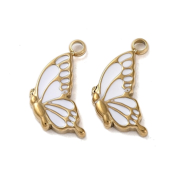 304 Stainless Steel with Enamel Charms, Butterfly Charm, Real 14K Gold Plated, White, 14.5x9x2mm, Hole: 1.6mm