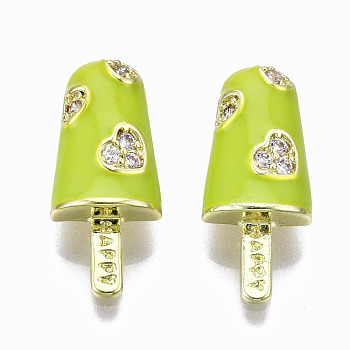 Brass Micro Pave Clear Cubic Zirconia Pendants, with Enamel, Cadmium Free & Nickel Free & Lead Free, Real 16K Gold Plated, Ice Cream with Word Happy, Yellow Green, 20x8.5x3.5mm, Hole: 3.5x2mm