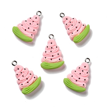 Opaque Resin Pendants, with Platinum Tone Iron Loops, Imitation Food, Watermelon, Pink, 25x16.5x5.5mm, Hole: 2mm