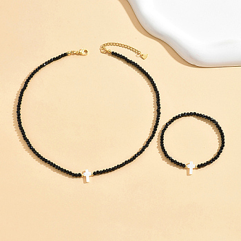 Glass Beaded Jewelry Set, Natural Shell Cross Pendant Necklace & Link Bracelet, Black, 16-1/8 inch(41cm); Inner Diameter: 2-3/8~3-1/8 inch(6~8cm)