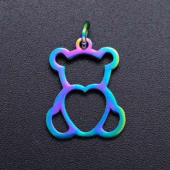 Ion Plating(IP) 201 Stainless Steel Pendants, with Jump Rings, Bear with Heart, Rainbow Color, 18.5x14x1mm, Jump Ring: 5x0.8mm, Inner Diameter: 3mm