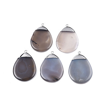 Natural Grey Agate Big Pendants, with Platinum Plated Brass Findings, Teardrop Charm, 55~57x39~39.5x6~7mm, Hole: 2.5mm