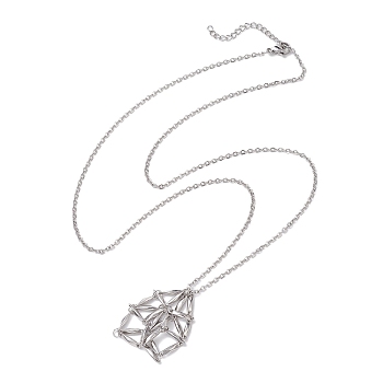 Crystal Stone Cage Pendant Necklaces, 304 Stainless Steel Cable Chain Necklaces, Stainless Steel Color, 23.43 inch(59.5cm)