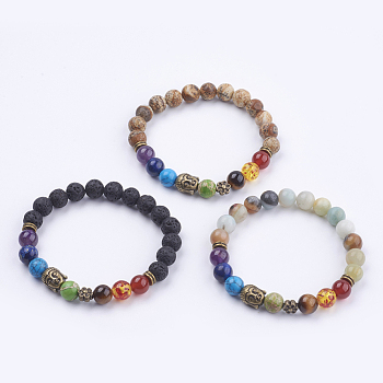 Chakra Jewelry, Natural Gemstone Stretch Bracelets, with Alloy Beads, Burlap Bags, Antique Bronze, Buddha & Flower, 2 inch(52mm)