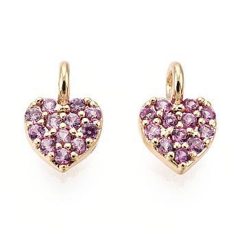 Brass Micro Pave Cubic Zirconia Charms, Nickel Free, Real 18K Gold Plated, Heart, Orchid, 7x5x1.5mm, Hole: 1.8mm