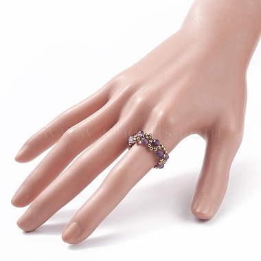 Кольцо на палец с плетением из натуральных аметистов и стеклянных зерен(RJEW-JR00465-04)-3
