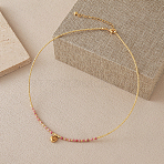 Stainless Steel Heart Pendant Faceted Round Natural Rhodonite with Miyuki Beaded Necklaces, Real 18K Gold Plated, 15.75 inch(40cm)(UF0843-11)