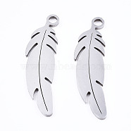 201 Stainless Steel Pendants, Laser Cut, Feather, Stainless Steel Color, 26x7x1mm, Hole: 1.4mm(STAS-T044-205P)