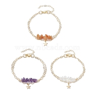 3Pcs 3 Styles Natural Red Aventurine & Natural Amethyst & Opalite Chip Multi-Strand Bracelet Sets, Star Charm 304 Stainless Steel Twisted Chain Stackable Bracelets for Women, 7-1/8 inch(18.2cm), 1pc/style(BJEW-JB10500)