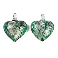 Lampwork Pendants, with Foil Glass, Heart, Green, 35x29.5x11.5mm, Hole: 5mm(FOIL-K003-02B)