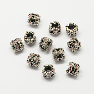 Hollow Flower Alloy Rhinestone Large Hole European Beads, Antique Silver, Light Rose, 10x10mm, Hole: 5mm(MPDL-R036-24F)