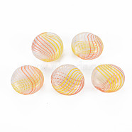 Transparent Handmade Blown Glass Globe Beads, Stripe Pattern, Flat Round, Yellow, 16~17.5x8~9.5mm, Hole: 1~2mm(GLAA-T012-24)