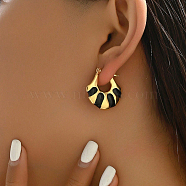 Fashionable Delicate Simple Color Block Fan-shaped Stainless Steel Hoop Earrings for Women, with Enamel, Golden, Black, 27x25mm(LW7077-5)