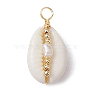 Natural Cowrie Shell Copper Wire Wrapped Pendants, Shell Charms with Natural Cultured Freshwater Pearl Beads, Golden, Old Lace, 27.5x14x9mm, Hole: 3.5mm(PALLOY-JF02277-02)