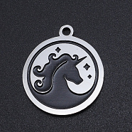 Non-Tarnish 201 Stainless Steel Etched Pendants, Flat Round with Waves, Stainless Steel Color, 22x19x1.5mm, Hole: 1.8mm(STAS-N090-JN801)