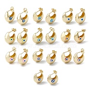 Enamel Crescent Moon with Evil Eye Stud Earrings, Real 18K Gold Plated Brass Half Hoop Earrings for Women, Mixed Color, 16.5x18mm, Pin: 1mm(EJEW-A093-01G-M)