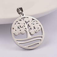 304 Stainless Steel Pendants, Flat Round with Tree, Stainless Steel Color, 27x25x2mm, Hole: 6x4mm(STAS-K162-095P)