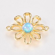 Brass Flower Links connectors, with Synthetic Opal Stamen, Golden Plated, Deep Sky Blue, 19x15.5x3.5mm, Hole: 1.2mm(KK-K208-04-01A)