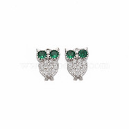 Brass Micro Pave Cubic Zirconia Charms, Nickel Free, Real Platinum Plated, Owl, Green, 10.5x7x2mm, Hole: 1mm(KK-S364-254)