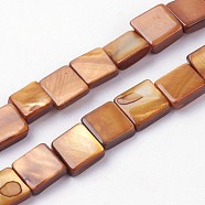 Natural Freshwater Shell Beads Strands, Dyed, Square, Saddle Brown, 9.5~10.5x9~10x3.5~4mm, Hole: 0.5mm, about 39pcs/strand, 15.1 inch~15.3 inch(38.5~39cm)(X-BSHE-L036-26)