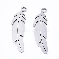 Non-Tarnish 201 Stainless Steel Pendants, Laser Cut, Feather, Stainless Steel Color, 26x7x1mm, Hole: 1.4mm(STAS-T044-205P)